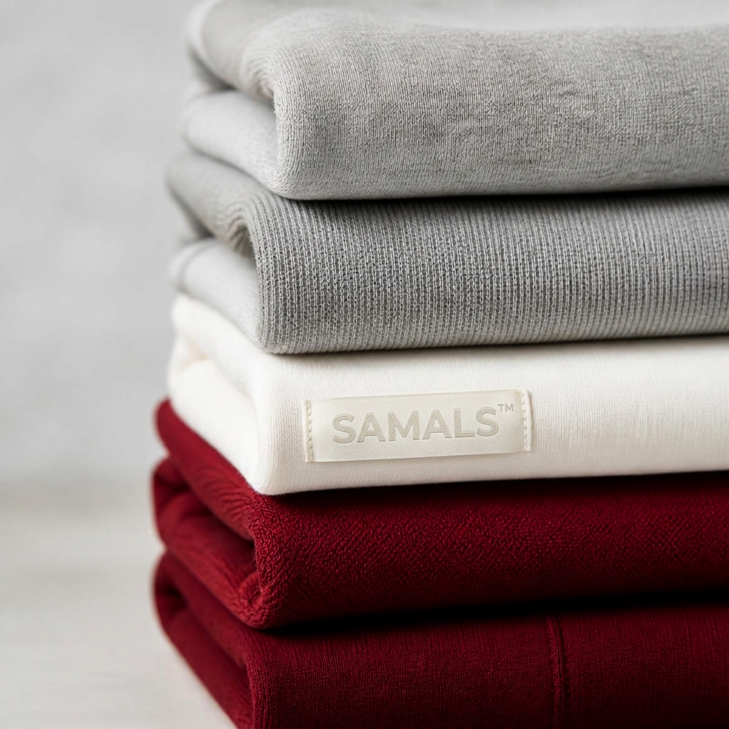 Stacked premium comfortwear fabrics in grey, white and deep red